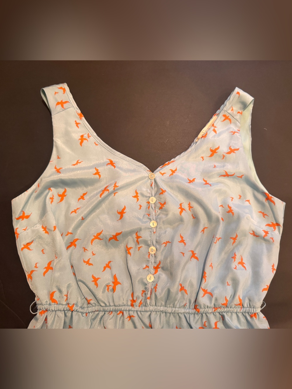 Olive & Oak Light Blue Sleeveless V-Neck Mini Dress with Orange Bird Print - Picture 6 of 10
